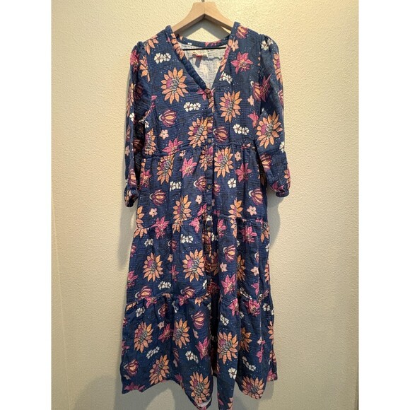 Marine Layer Dresses & Skirts - Marine Layer Willow Dress Womens XL Blue Floral 3/4 Sleeve Tiered Midi Cotton